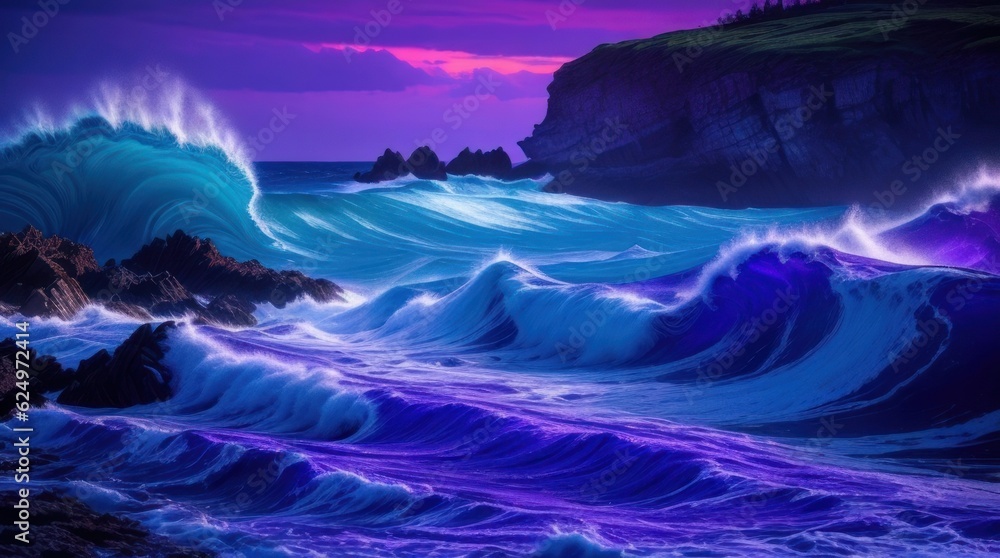 Beautiful seascape with stormy waves at sunset made with Generative AI