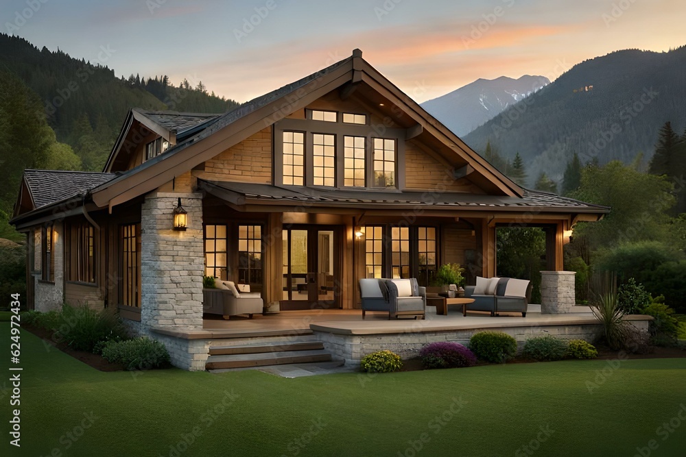 An American Craftsman Style House situated in a Lush Valley - AI Generative An American Craftsman Style House situated in a Lush Valley - AI Generative