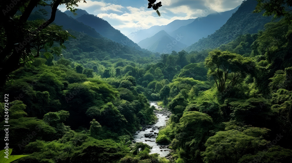 Obraz premium A Nature Lovers Paradise of Forests Mountains and Waterways AI Generative