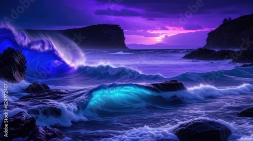 Beautiful seascape with waves crashing on the rocks at sunset made with Generative AI