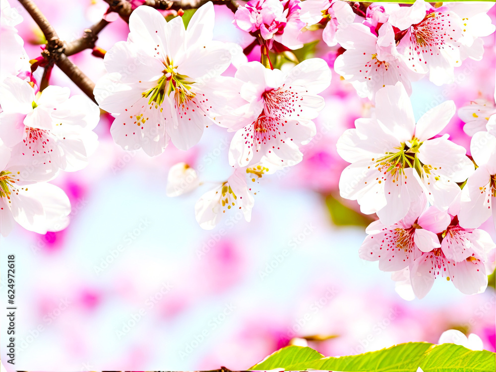 Naklejka premium Colorful pink flower on a soft blurry background. pollen of yellow flowers and strong branches. Generative AI.
