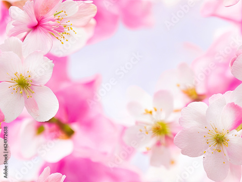 Colorful pink flower on a soft blurry background. pollen of yellow flowers and strong branches. Generative AI.