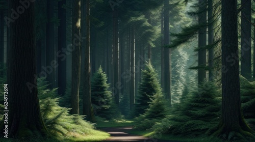 Beautiful forest landscape with a path leading through the trees and ferns made with Generative AI © Shamim Akhtar
