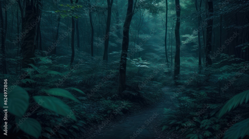 Fototapeta premium Dark mysterious forest with a path leading through it made with Generative AI