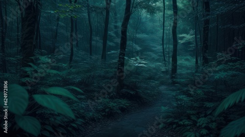 Dark mysterious forest with a path leading through it made with Generative AI © Shamim Akhtar