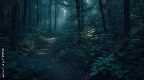 Foggy trail in a dark forest with trees and ferns made with Generative AI