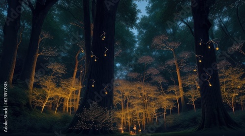 A forest with trees and lanterns at night made with Generative AI