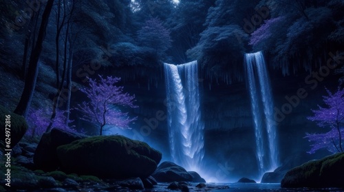 Beautiful waterfall in deep forest with pink cherry blossom at night made with Generative AI