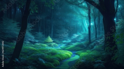 Mysterious forest with fog in the night made with Generative AI © Shamim Akhtar