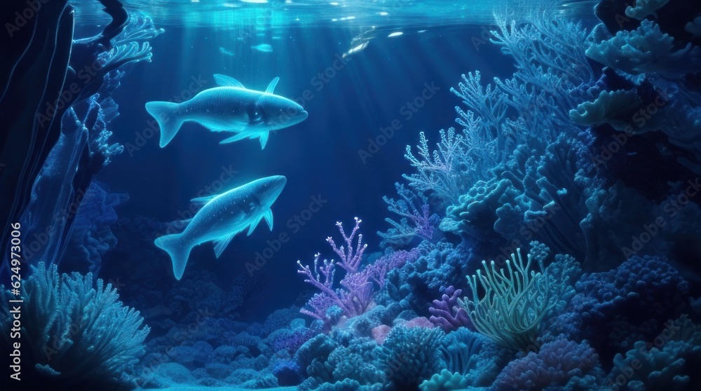Underwater World aquarium with corals and fish. Underwater world made with Generative AI Underwater World aquarium with corals and fish. Underwater world made with Generative AI