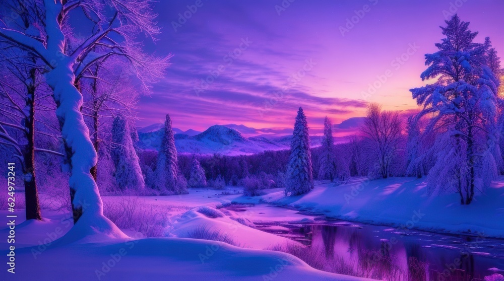 Beautiful winter landscape with frozen river and snow covered trees at sunset made with Generative AI