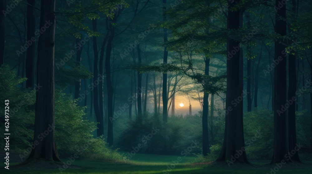 Naklejka premium Sunset in the forest with fog and trees made with Generative AI