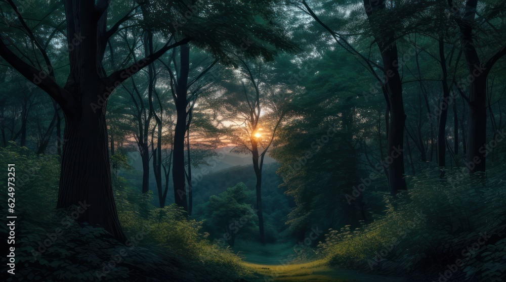 Fototapeta premium Sunset in the forest with fog and trees made with Generative AI