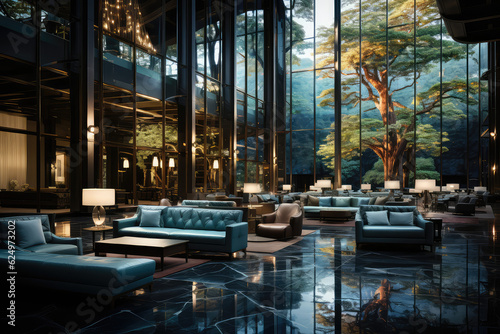 Modern and stylish interior design of a lavish hotel lobby with a touch of luxury and prestige. Created with generative AI technology.