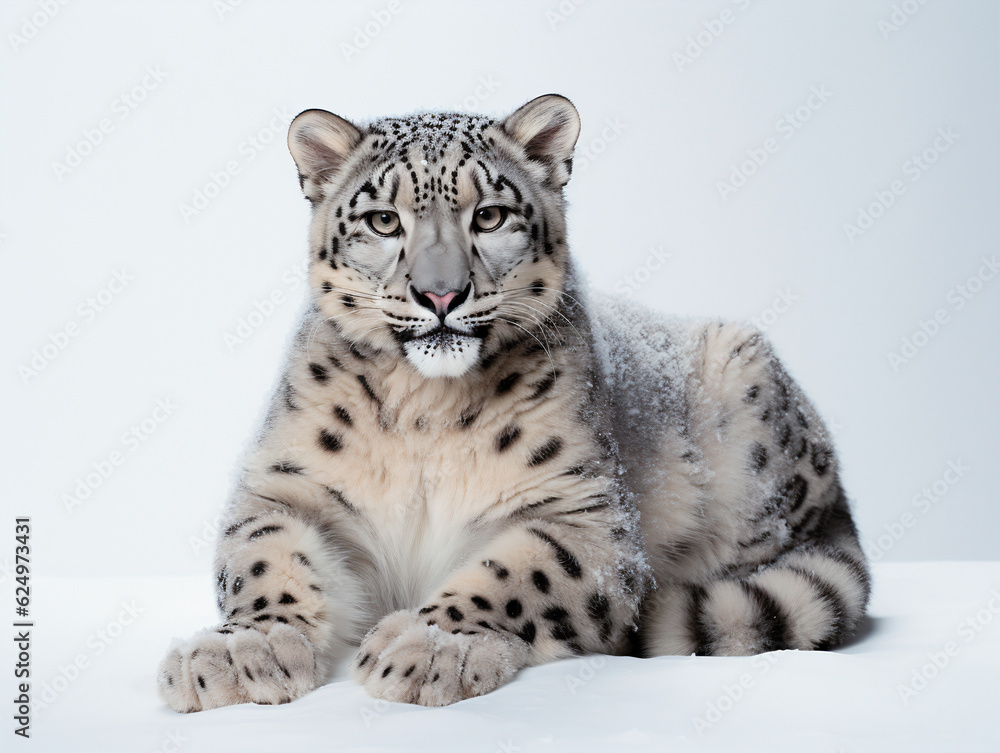 Fototapeta premium Snow Leopard lay on a white background