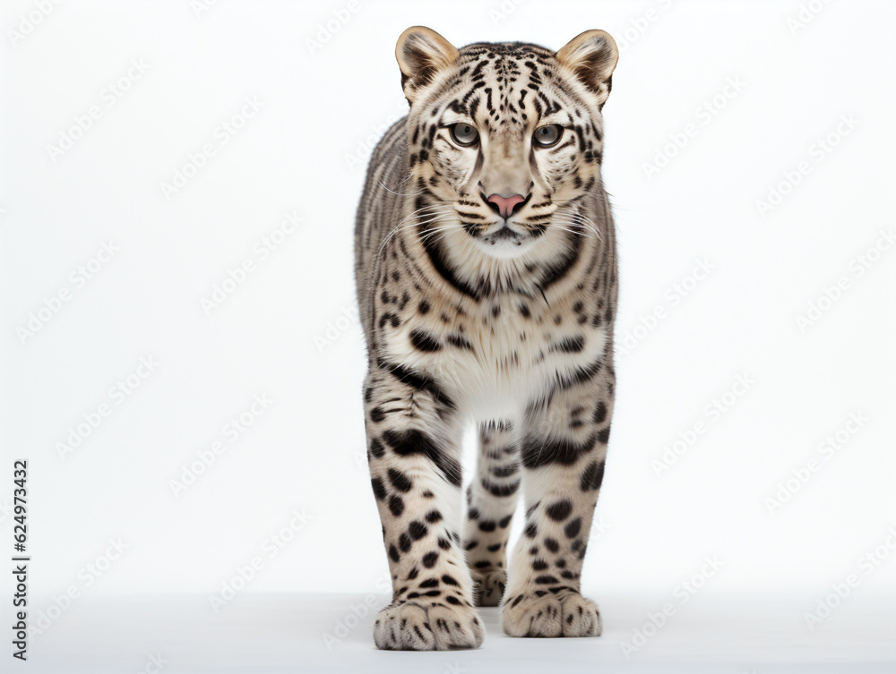 Snow Leopard walking towards the camera on a white background Snow Leopard walking towards the camera on a white background
