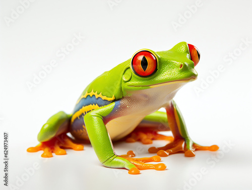 Red-eyed tree frog sitting on a white background