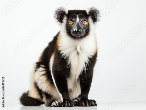 Ruffed lemur sitting and looking at the camera on a white background photo