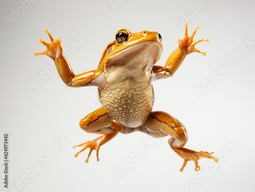 Yellow tree frog jumping on a white background