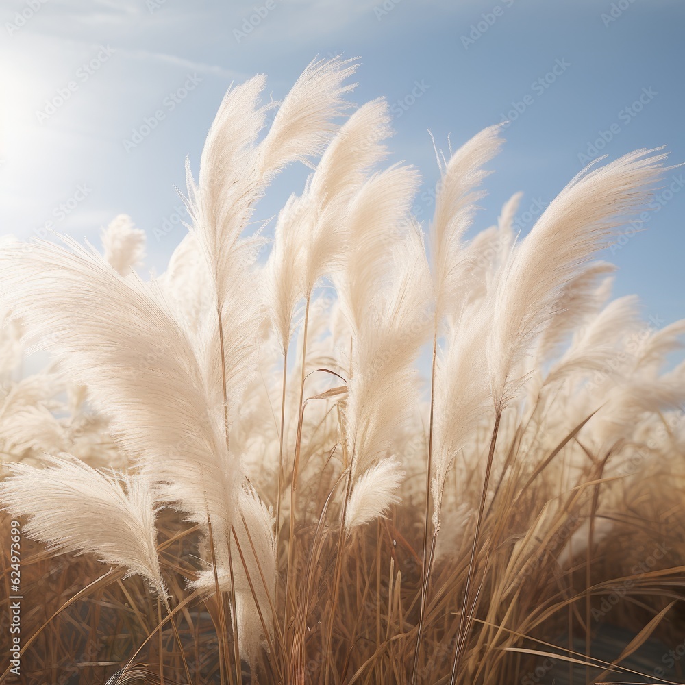 Obraz premium Abstract natural background of soft plants Cortaderia selloana. Pampas grass on a blurry bokeh, Dry reeds boho style. Fluffy stems of tall grass. ai generative