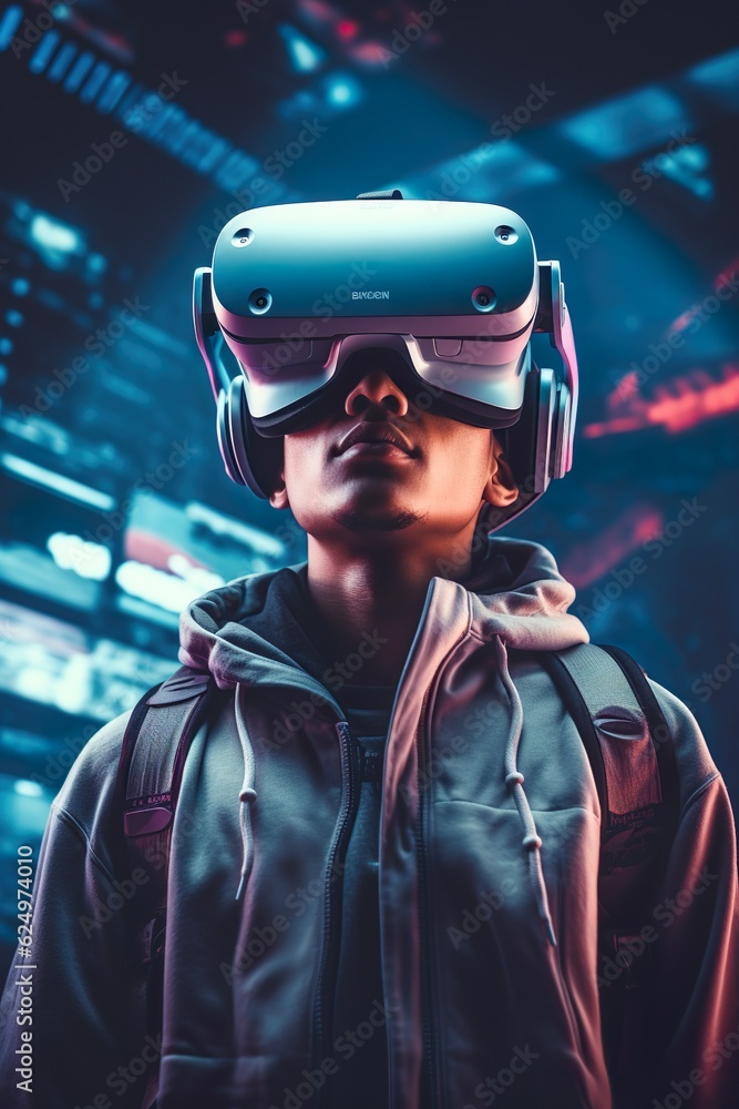 technology metaverse of the future, man wearing a virtual reality headset | Generative AI technology metaverse of the future, man wearing a virtual reality headset | Generative AI