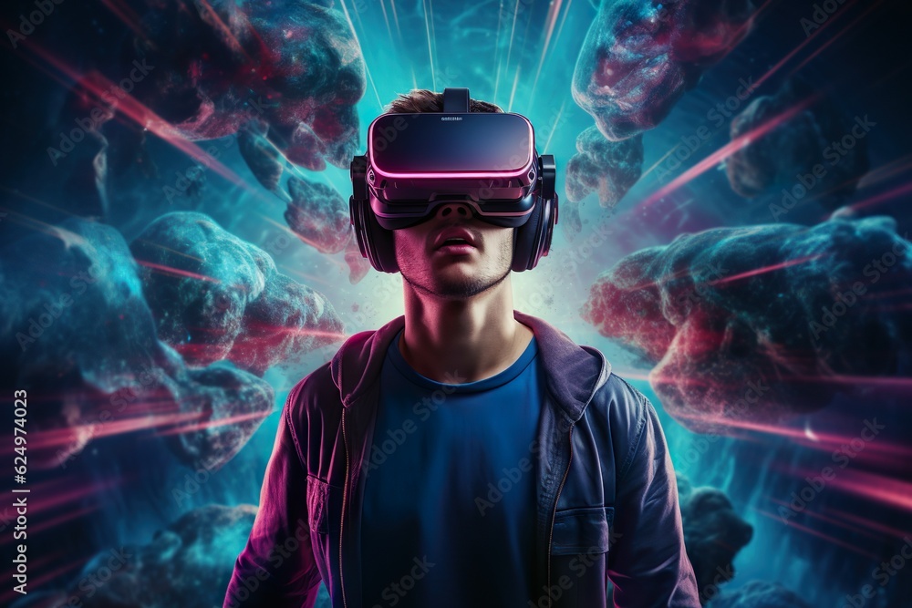 technology metaverse of the future, man wearing a virtual reality headset | Generative AI technology metaverse of the future, man wearing a virtual reality headset | Generative AI