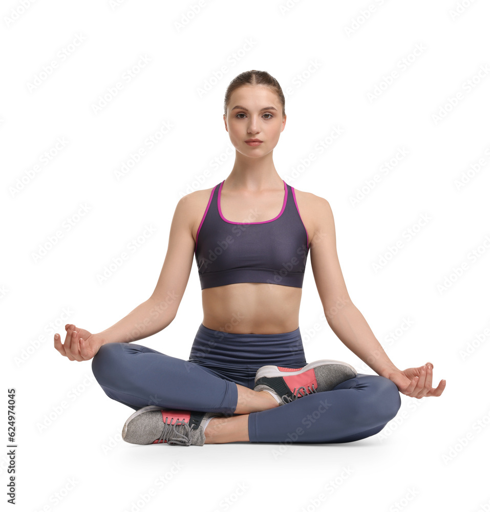 Young woman practicing yoga on white background