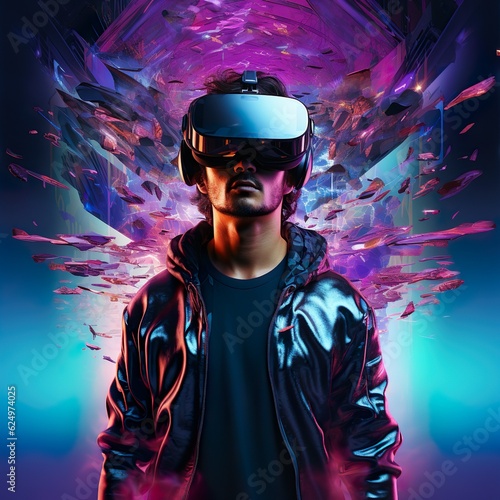 technology metaverse of the future, man wearing a virtual reality headset   Generative AI © Kay