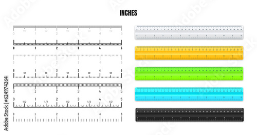 Realistic plastic rulers with black inch scale for measuring length or height. Various measurement scales with divisions. Ruler, tape measure marks, size indicators. Vector illustration