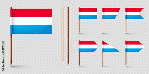 Luxembourgish toothpick flags. Souvenir from Luxembourg. Wooden toothpicks with paper flag. Location mark, map pointer. Blank mockup for advertising and promotions. Vector illustration