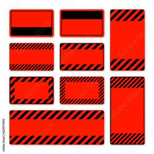 Various blank red warning signs with diagonal lines. Attention, danger or caution sign, construction site signage. Realistic notice signboard, warning banner, road shield. Vector illustration
