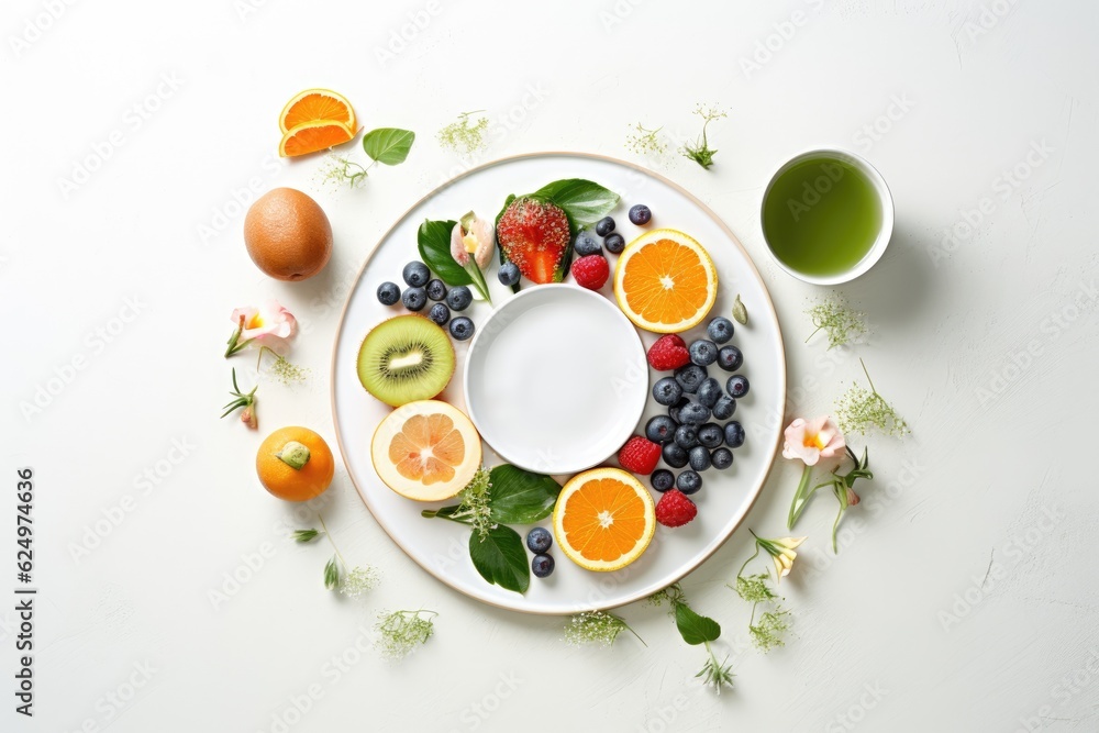 white plate with healthy food, fruits and berries on a white background, top view, free space. ai generative