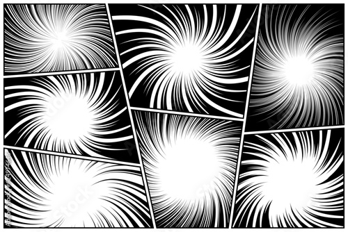 Twisted comic book radial rays, lines. Comics background with motion, speed lines. Pop art style elements. Vector illustration