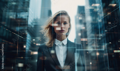 Corporate business woman double exposure portrait with modern city background