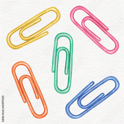 Colorful paper clips vector set in watercolor style, office stationery and supplies