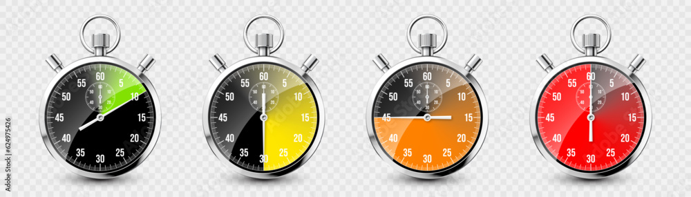 Realistic classic stopwatch. Shiny metal chronometer, time counter with ...