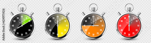 Realistic classic stopwatch. Shiny metal chronometer, time counter with dial. Colorful countdown timer showing minutes and seconds. Time measurement for sport, start and finish. Vector illustration