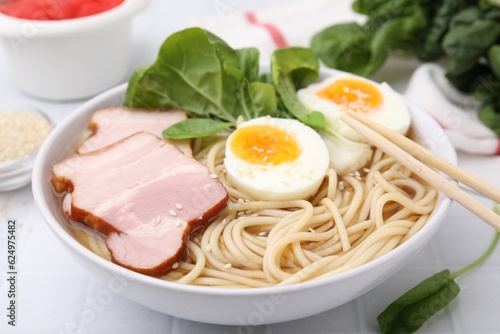 Delicious ramen with meat on white table, closeup. Noodle soup