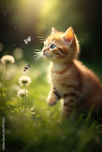 Cute Kitten Playing with Butterfly in a Summer Meadow