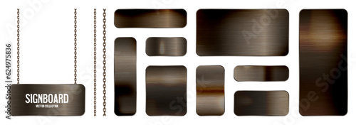 Metal banners hanging on a chain. Realistic shiny steel plate with screws. Polished rusty metal surface. Vector illustration