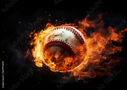 Baseball ball, in flames, on black background, digital illustration. Generative AI