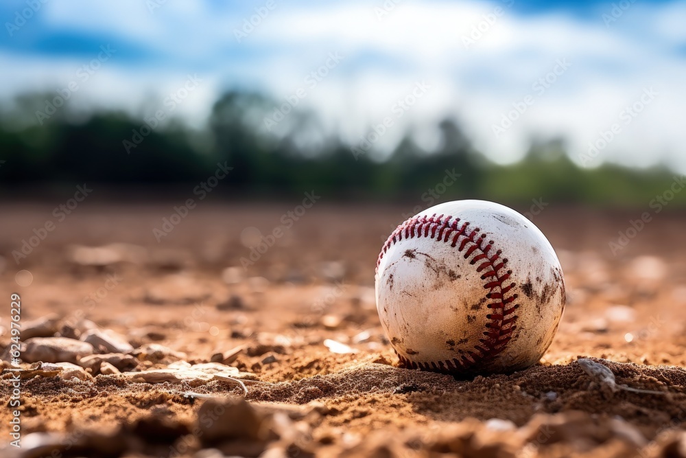 Baseball ball on the ground, sports concept, digital illustration. Generative AI