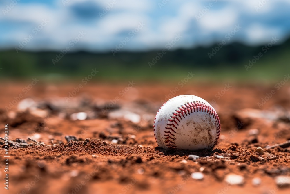 Baseball ball on the ground, sports concept, digital illustration. Generative AI