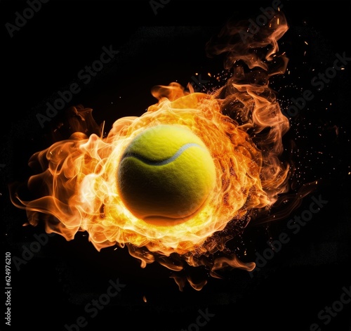 Tennis ball in flames on black background, sport concept. Generative AI © Deivison