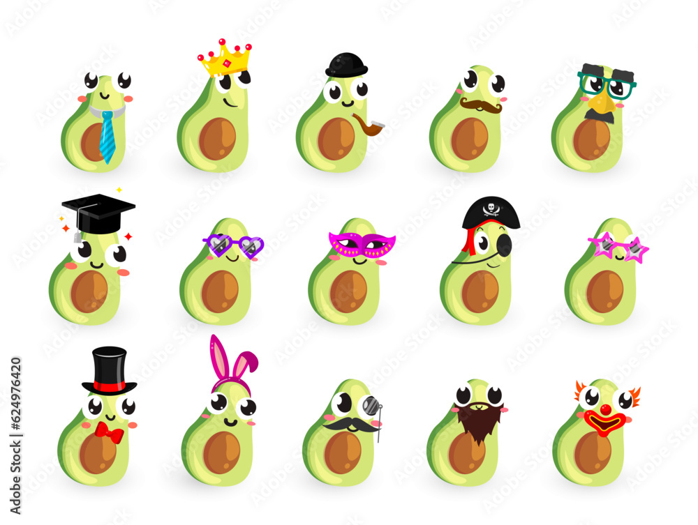 Obraz premium Funny avocado characters emoji in carnival mask crown ears and headdress hat set isometric vector