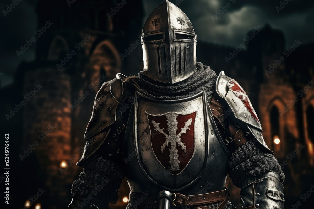 Templar knight with armor, bokeh background, history and fantasy concept. Generative AI Templar knight with armor, bokeh background, history and fantasy concept. Generative AI