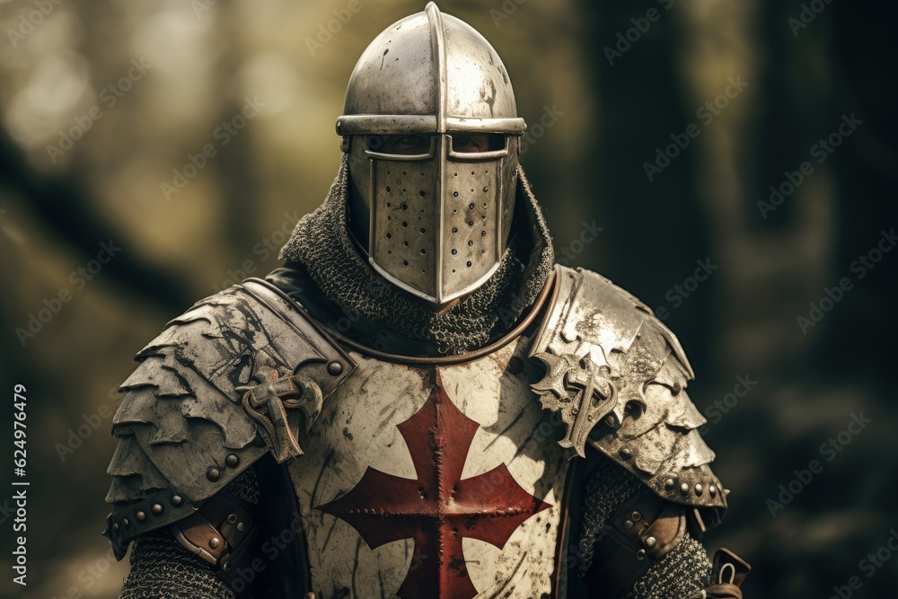 Templar knight with armor, bokeh background, history and fantasy concept. Generative AI Templar knight with armor, bokeh background, history and fantasy concept. Generative AI