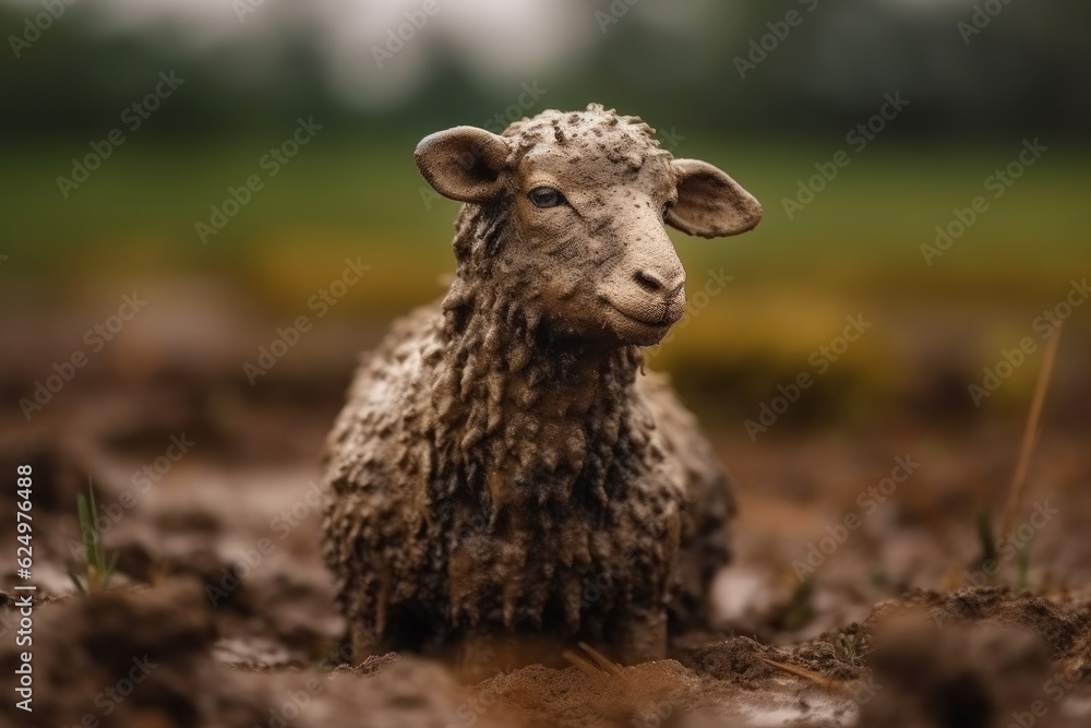 Obraz premium Little lost sheep covered in mud, the shepherd is looking for the sheep. Generative AI