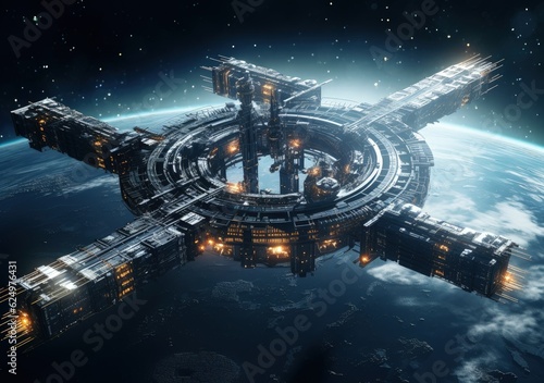 Fototapeta Naklejka Na Ścianę i Meble -  Technological and futuristic space station, planet earth in background, fiction concept. Generative AI