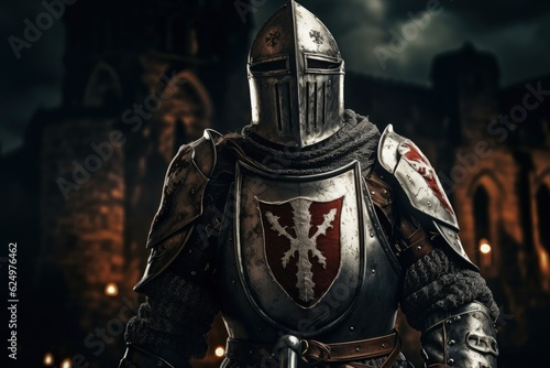 Templar knight with armor, bokeh background, history and fantasy concept. Generative AI